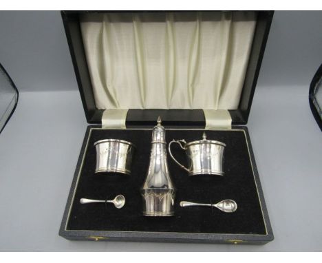 A silver hallmarked condiment gift set in gift box 224gms Birmingham 1966-67 by Charles S Green &amp; Co Ltd.&nbsp;