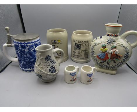 W. German collection- heart shaped decanter, 3 steins, jug and 2 small steins