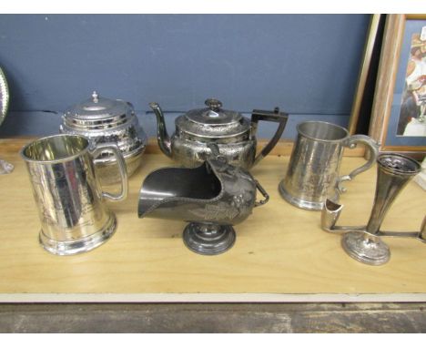 Hammered biscuit barrel, 2 tankards, teapot, sugar bowl and candlestick