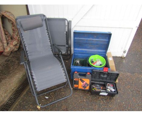 Garden loungers, metal trunk, hand tools and Black and Decker Lithium drill etc&nbsp;