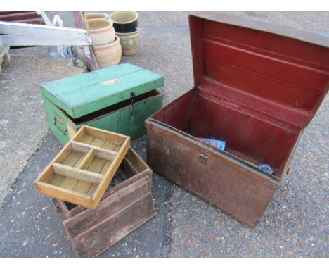 2 vintage wooden tool chests and a metal trunk
