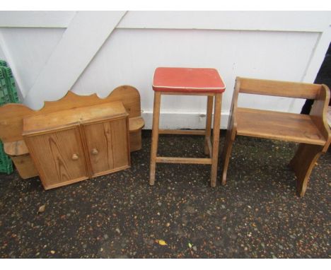A pine cupboard, pew and vintage stool