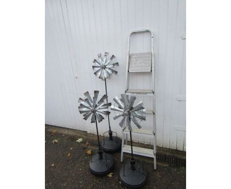 3 Galvanised garden windmills and step ladder&nbsp;