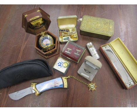 Collectors lot to include Badges, silver ring, cufflinks, cutty sark pen knife and clock, harmonica