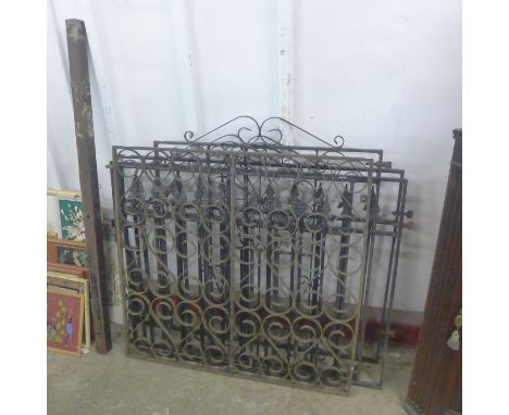Four wrought steel garden gates and a panel 