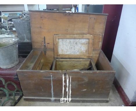 Two pine tool boxes, one including tools 