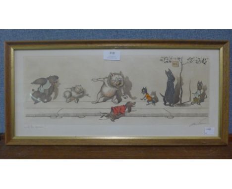 A signed Boris O'Klein colour etching, á la queue, framed 