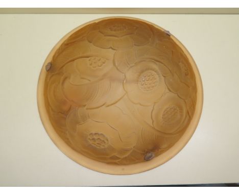 A 1930's style pink coloured glass ceiling light of dished form with foliate moulded decoration, 36cm diameter, no obvious da