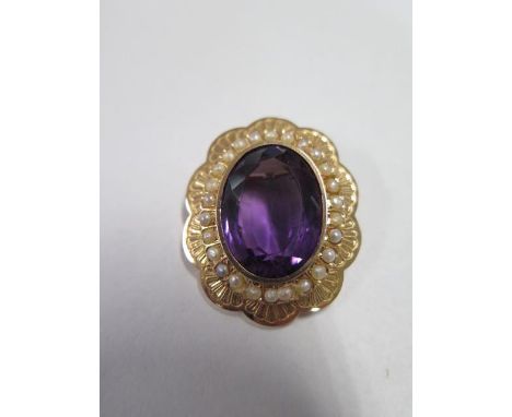 A French gold Amethyst and pearl brooch, 3.5cm x 3cm, tests to approx 18ct, one pearl has been re-glued otherwise generally g