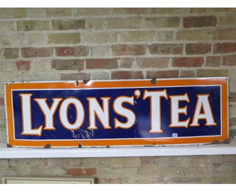 A Lyons Tea enamel sign, 45cm x 150cm, some chipping to enamel otherwise colours good 
