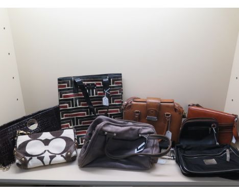Eight handbags comprising: Banana Republic in grey faux leather, 30cm wide, Le Pelican brown leather handbag, 30cm wide, Kate