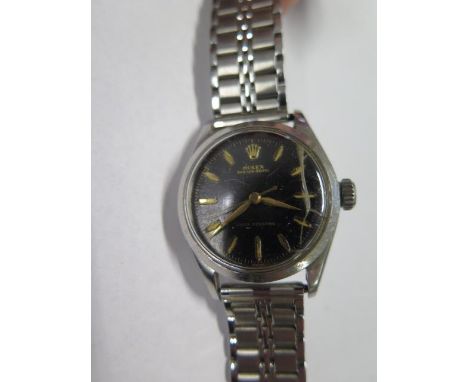 A vintage Rolex oyster Royal manual wind stainless steel bracelet wristwatch with black dial and Rolex crown, case 32mm wide,