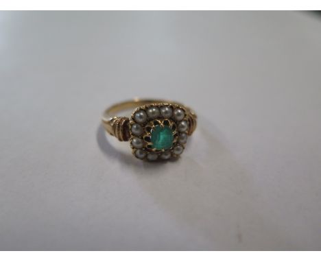 A French yellow gold 18ct emerald and pearl set ring head, approx 10mm, ring size N, approx 3.7 grams, some abrasions to emer