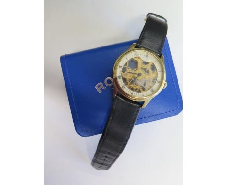 A Rotary skeleton watch in a box, manual wind, case 42mm, guarantee card, onion crown, in good condition and running in saler