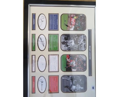 Sporting memorabilia: 'Rugby Legends', four photographs framed as one with autographs for Gavin Hastings OBE, Willie John Mcb