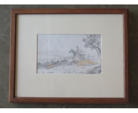 Henry Thomas Alken (1785-1851), pencil and watercolour drawing 'Coursing with two hounds chasing a rabbit with huntsmen on ho