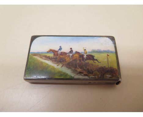 A silver vesta case with enamel horse racing scene, London 1893/4, M &amp; Co, 6cm long, damage and wear to enamel 