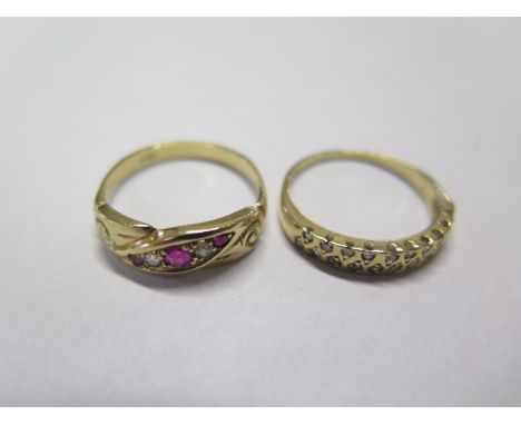 A hallmarked 18ct yellow gold diamond ring and another 18ct diamond and ruby ring, both size Q, approx 7.4 grams, some wear b