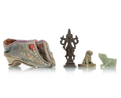 PAIR OF LADY'S HEALED SHOES, AND OTHER ASIAN ITEMS possibly Turkish, along with a Chinese seal, modelled as a Foo dog, a jade