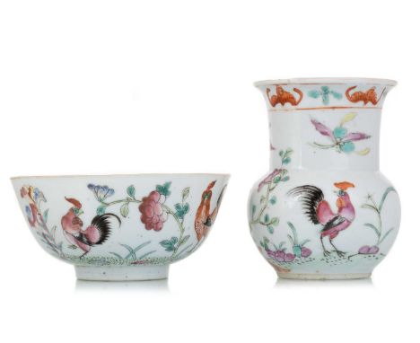 CHINESE PORCELAIN BOWL AND VASE, LATE 19TH / EARLY 20TH CENTURY the vase decorated with cockerels, flowers and bats, the bowl