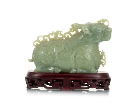 CHINESE GREEN JADE INCENSE BURNER, 20TH CENTURY modelled as a resting water buffalo, with detachable top, on fitted hardwood 