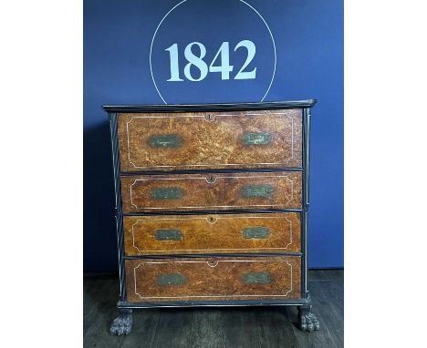 CHINA TRADE AMBOYNA CAMPHORWOOD SECRETAIRE CAMPAIGN CHEST, EARLY 19TH CENTURY  in two parts with brass carrying handles, the 