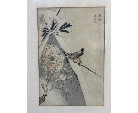 KATSUSHIKA HOKUSAI (1760-1849), JAPANESE WOODBLOCK PRINT, 19TH CENTURY depicting a bird by a flowering branch, signed, framed
