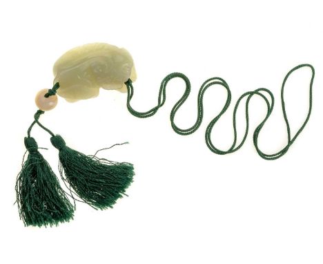 CHINESE JADE FIGURE, 20TH CENTURY modelled as a cat, later made into a necklacefigure 5cm longCondition overall is good, addi