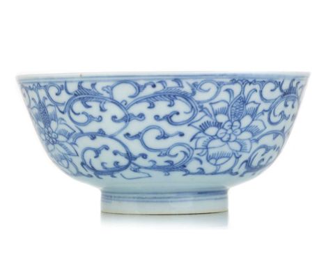 CHINESE BLUE AND WHITE PORCELAIN BOWL, 18TH / 19TH CENTURY  decorated with flowers and foliage, with seal mark in blue to bas