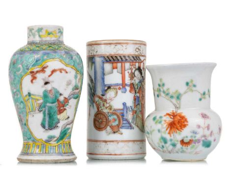 THREE SMALL CHINESE PORCELAIN VASES, LATE 19TH / EARLY 20TH CENTURY one cylindrical decorated with figures in a garden, with 