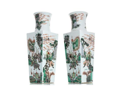 PAIR OF CHINESE FAMILLE VERTE VASES, KANGXI STYLE, LATE 19TH / EARLY 20TH CENTURY each of tapering square form, decorated wit