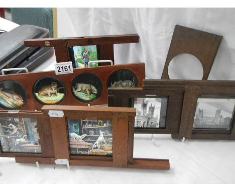 A collection of coloured glass lantern slides in mahogany frames.