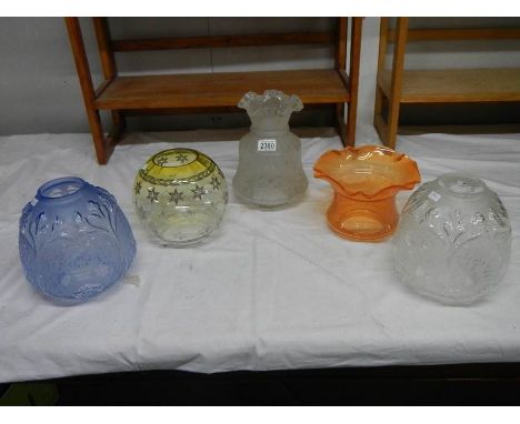 5 glass oil lamp shades in good condition. ****Condition report**** Round shade with stars has nibbles to both rim and galley