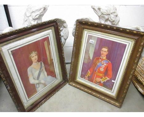 A pair of framed and glazed portrait prints of King George VI and Queen Elizabeth the Queen Mother.