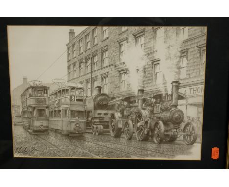 J.E. Wigston - Trams with traction engine, pencil, signed and dated 1994 lower left, 27 x 39cm; and two other similar works b