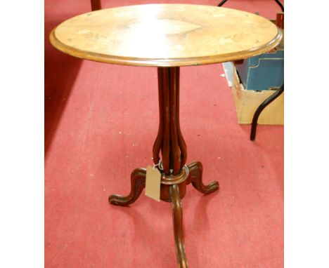 An early Victorian figured walnut and floral satinwood inlaid oval pedestal tilt top pedestal tripod occasional table (top an
