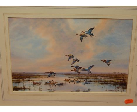 S.T. Trinder - Ducks on the marshes, watercolour; two others by the artist; and a hunting print (4)