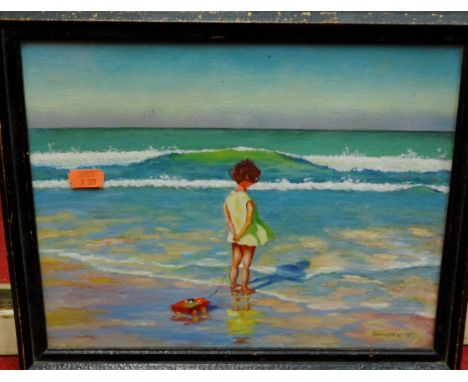 An ink sketch of Polporo; a mid-20th century beach scene oil; and a Lawson Wood print (3)