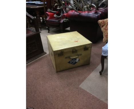 VINTAGE VELLUM BOUND TRAVELLING TRUNK cream coloured with matched stitching, brass fixtures, lined in chocolate brown moire l