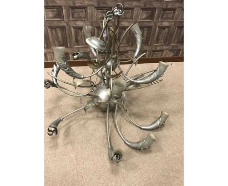 SILVERISED STEEL CHANDELIER OF ART DECO DESIGNwith two rows of scrolling branches issuing from two central orbs with cornucop