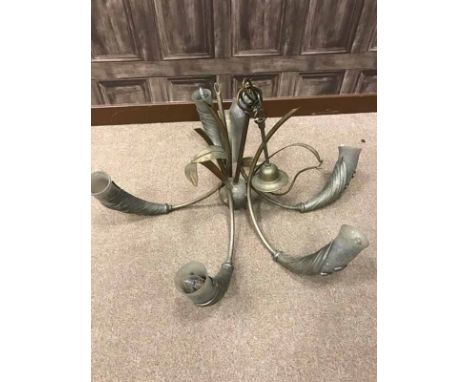 SILVERISED STEEL CHANDELIER OF ART DECO DESIGNwith five scrolling branches issuing from the central orb with cornucopia shape