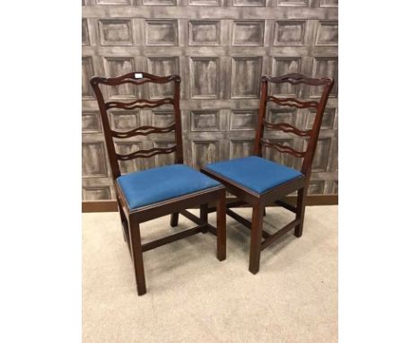 SET OF FOUR MAHOGANY LADDER BACKED SINGLE DINING CHAIRS OF CHIPPENDALE DESIGNwith upholstered drop-in seats, tapered legs on 