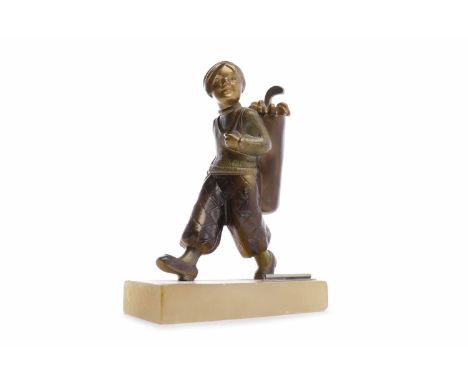 ART DECO SPELTER TABLE LIGHTER modelled as a boy carrying golf clubs, possibly Austrian, striker loose, on an alabaster base,