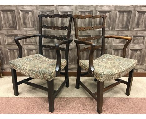 ATTRACTIVE PAIR OF GEORGE III LABURNUM OPEN ELBOW CHAIRSwith pierced ladder backs, upholstered seats in machined tapestry, on