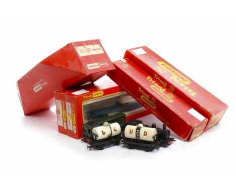 LOT OF HORNBY TRI-ANG TRAINS AND ACCESSORIES to include: R.52 black Tank Loco and two other engines, R633 Freightliner Wagon,
