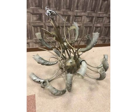SILVERISED STEEL CHANDELIER OF ART DECO DESIGNwith two rows of scrolling branches issuing from two central orbs with cornucop