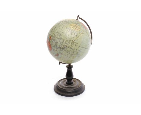 PHILIPS 8 INCH BRITISH EMPIRE GLOBEa terrestrial globe retailed by Pollock & Stewart of Glasgow, on an ebonised baluster stan