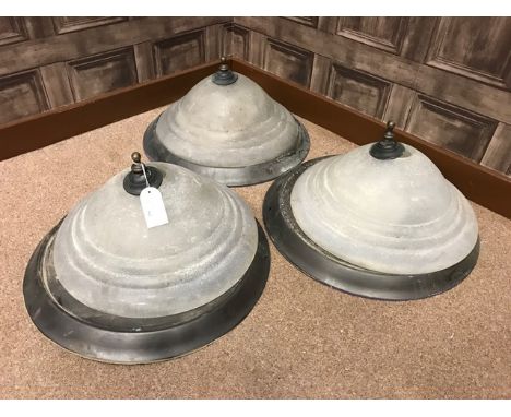 THREE CIRCULAR CEILING LIGHTS OF ART DECO DESIGNwith ribbed, frosted glass shades, 50cm diameter
