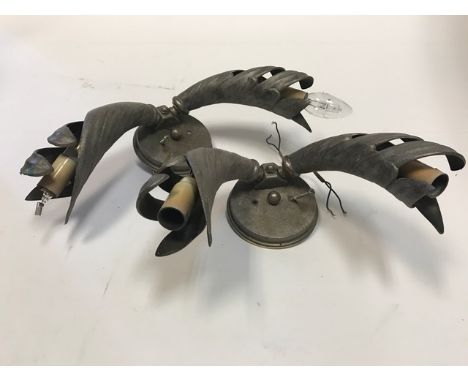 PAIR OF SILVERISED STEEL WALL SCONCES OF ART DECO DESIGNeach with two cornucopia shaped shades, approximately 32cm wide exten