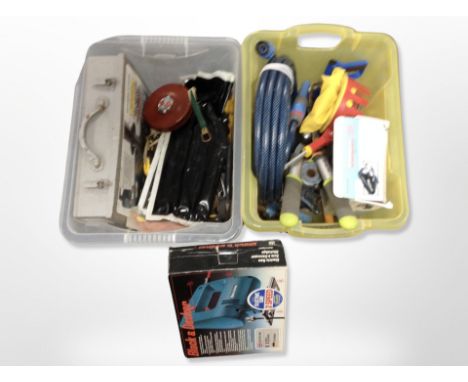 Two boxes of tools, Black and Decker jigsaw, hand tools, garden hose, vintage leather tape measure 